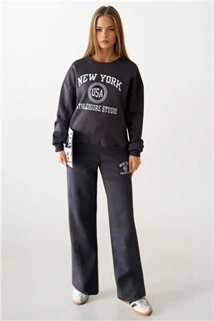 Kadın Antrasit Baskılı Oversize Sweatshirt Ve Geniş Paça  3 İplik Eşofman Takım VS01403