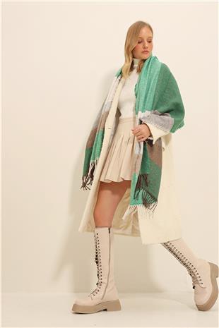 Kadın Yeşil Batik Desenli Bloklu Şal ALC-X11350