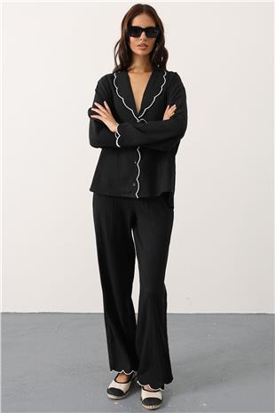 Kadın Siyah Bebe Yaka Gömlek Ve Beli Lastikli Pantolon Takım VS00799