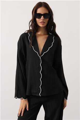 Kadın Siyah Bebe Yaka Gömlek Ve Beli Lastikli Pantolon Takım VS00799