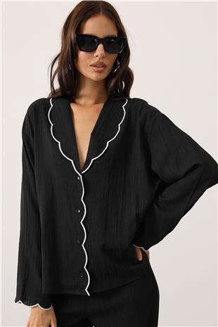 Kadın Siyah Bebe Yaka Gömlek Ve Beli Lastikli Pantolon Takım VS00799