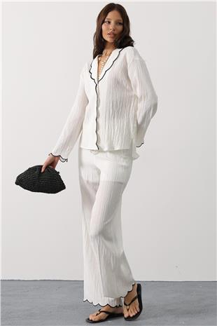 Kadın Beyaz Bebe Yaka Gömlek Ve Beli Lastikli Pantolon Takım VS00799