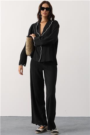 Kadın Siyah Bebe Yaka Gömlek Ve Beli Lastikli Pantolon Takım VS00799