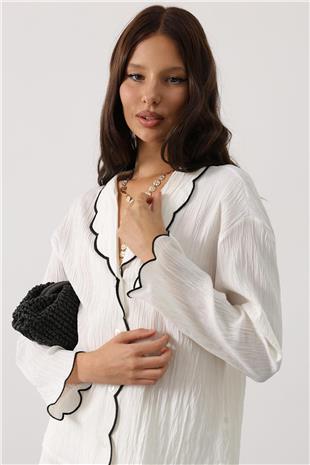 Kadın Beyaz Bebe Yaka Gömlek Ve Beli Lastikli Pantolon Takım VS00799