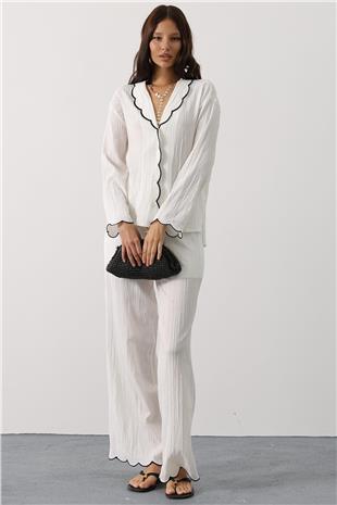 Kadın Beyaz Bebe Yaka Gömlek Ve Beli Lastikli Pantolon Takım VS00799