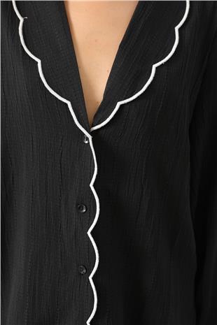 Kadın Siyah Bebe Yaka Gömlek Ve Beli Lastikli Pantolon Takım VS00799