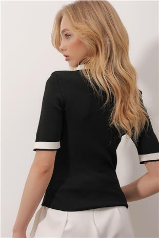 Kadın Siyah Bebe Yaka Yarım Kol Renk Bloklu Triko Bluz ALC-X9884