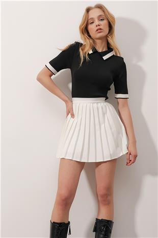 Kadın Siyah Bebe Yaka Yarım Kol Renk Bloklu Triko Bluz ALC-X9884