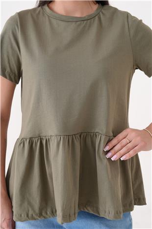 Kadın Haki Bel Altı Volanlı Bisiklet Yaka Bluz VS00960