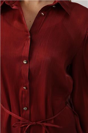 Kadın Bordo Belden Bağlamalı Uzun Kollu Oversize Gömlek VS00577