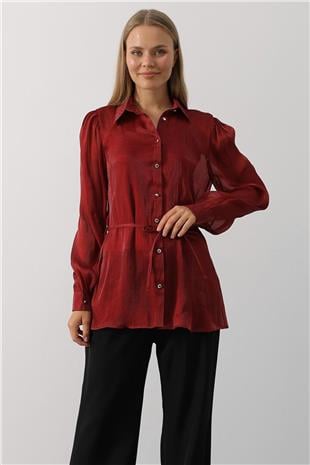 Kadın Bordo Belden Bağlamalı Uzun Kollu Oversize Gömlek VS00577
