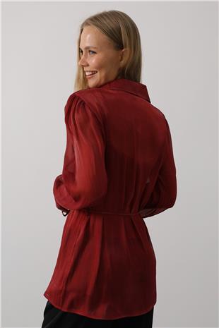 Kadın Bordo Belden Bağlamalı Uzun Kollu Oversize Gömlek VS00577