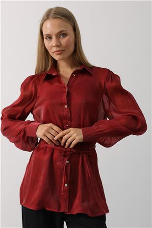 Kadın Bordo Belden Bağlamalı Uzun Kollu Oversize Gömlek VS00577