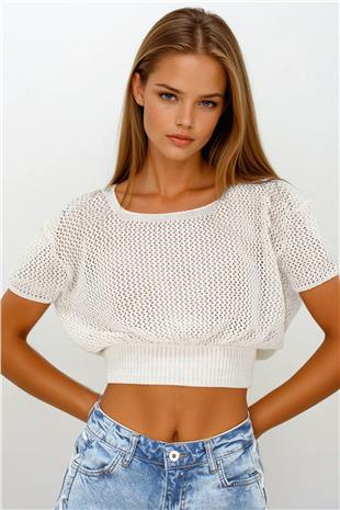 Kadın Ekru Beli Gipeli Ajurlu Ceop Bluz VS00261