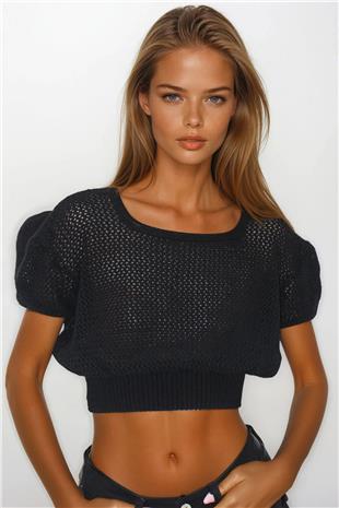 Kadın Siyah Beli Gipeli Ajurlu Ceop Bluz VS00261