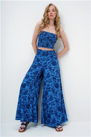 Kadın Lacivert Beli Gipeli Geniş Paça Pantolon Ve Gipeli Crop Büstiyer Takım ALC-X14058
