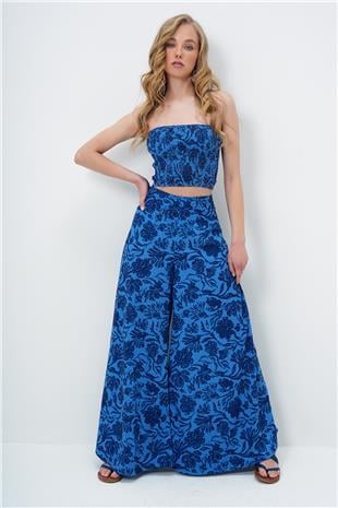 Kadın Lacivert Beli Gipeli Geniş Paça Pantolon Ve Gipeli Crop Büstiyer Takım ALC-X14058