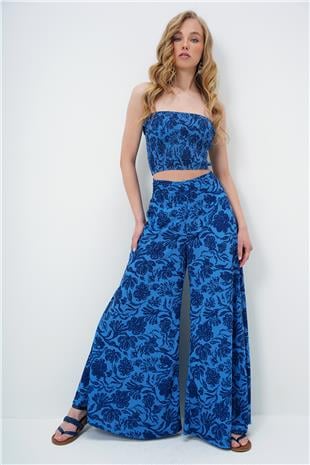 Kadın Lacivert Beli Gipeli Geniş Paça Pantolon Ve Gipeli Crop Büstiyer Takım ALC-X14058