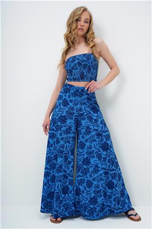 Kadın Lacivert Beli Gipeli Geniş Paça Pantolon Ve Gipeli Crop Büstiyer Takım ALC-X14058