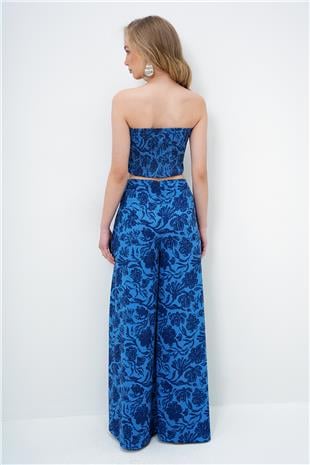 Kadın Lacivert Beli Gipeli Geniş Paça Pantolon Ve Gipeli Crop Büstiyer Takım ALC-X14058