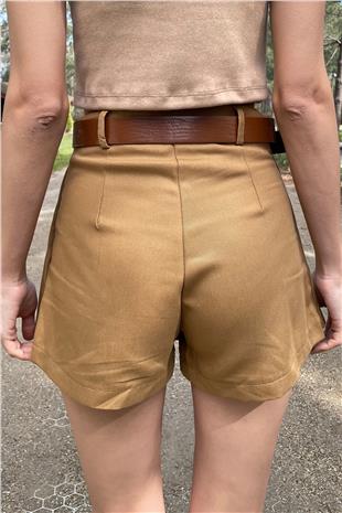 Beli Kemerli Pileli Gabardin Şort Etek - CAMEL