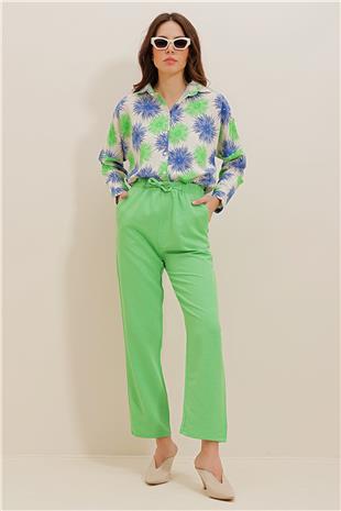 Kadın Yeşil Beli Kendinden Kemerli Keten Pantolon DFL230004