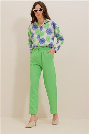 Kadın Yeşil Beli Kendinden Kemerli Keten Pantolon DFL230004