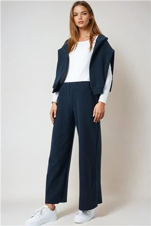 Kadın Lacivert Beli Lastikli Cepsiz Palazzo Pantolon VS01027