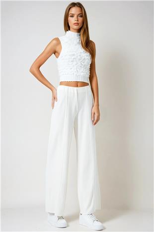 Kadın Ekru Beli Lastikli Cepsiz Palazzo Pantolon VS01027