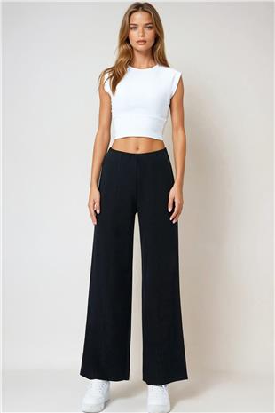 Kadın Siyah Beli Lastikli Cepsiz Palazzo Pantolon VS01027