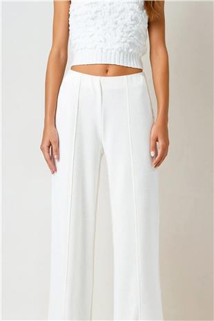 Kadın Ekru Beli Lastikli Cepsiz Palazzo Pantolon VS01027