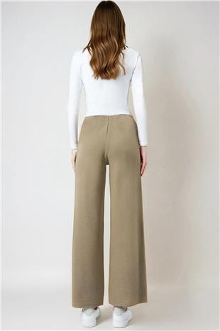 Kadın Haki Beli Lastikli Cepsiz Palazzo Pantolon VS01027