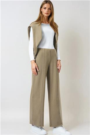 Kadın Haki Beli Lastikli Cepsiz Palazzo Pantolon VS01027