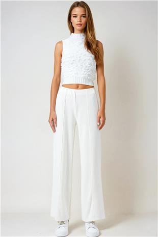 Kadın Ekru Beli Lastikli Cepsiz Palazzo Pantolon VS01027