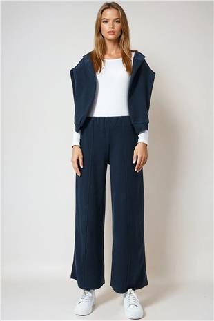 Kadın Lacivert Beli Lastikli Cepsiz Palazzo Pantolon VS01027