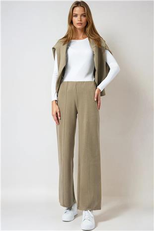 Kadın Haki Beli Lastikli Cepsiz Palazzo Pantolon VS01027