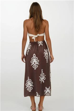 Kadın Kahverengi Beli Lastikli Çift Cepli Desenli Maxi Boy Etek VS00259