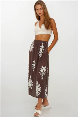 Kadın Kahverengi Beli Lastikli Çift Cepli Desenli Maxi Boy Etek VS00259