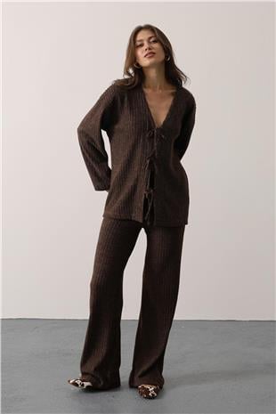 Kadın Kahve Beli Lastikli Fitilli Örme Pantolon VS01252