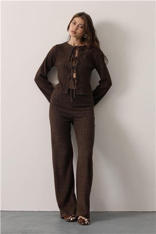 Kadın Kahve Beli Lastikli Fitilli Örme Pantolon VS01252