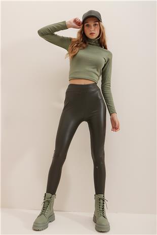 Kadın Haki Beli Lastikli İçi Şardonlu Likralı Suni Deri Tayt ALC-X7327
