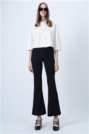 Kadın Siyah Beli Lastikli İspanyol Paça Süet Pantolon VS01293
