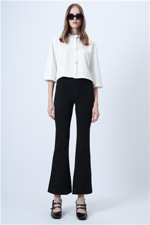 Kadın Siyah Beli Lastikli İspanyol Paça Süet Pantolon VS01293