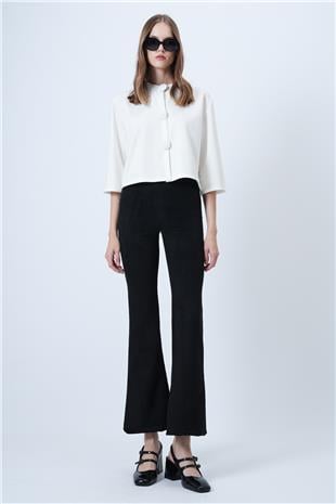 Kadın Siyah Beli Lastikli İspanyol Paça Süet Pantolon VS01293
