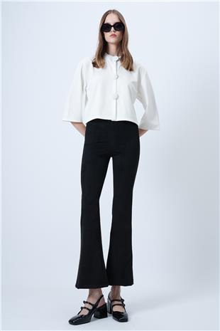 Kadın Siyah Beli Lastikli İspanyol Paça Süet Pantolon VS01293