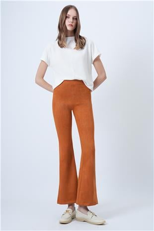 Kadın Tarçın Beli Lastikli İspanyol Paça Süet Pantolon VS01293