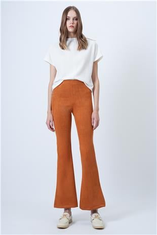 Kadın Tarçın Beli Lastikli İspanyol Paça Süet Pantolon VS01293