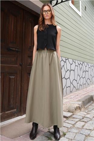 Kadın Haki Beli Lastikli Kemer Detaylı Çift Cepli Midi Boy Etek VS01210