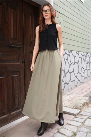 Kadın Haki Beli Lastikli Kemer Detaylı Çift Cepli Midi Boy Etek VS01210