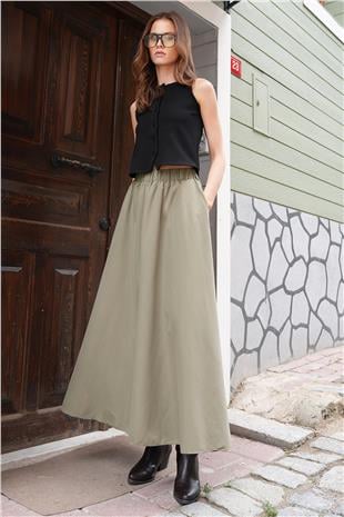 Kadın Haki Beli Lastikli Kemer Detaylı Çift Cepli Midi Boy Etek VS01210